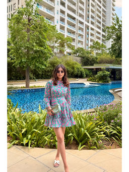 Old Marigold - Ariel Blue And Pink Printed Cotton Collared Dress with Belt (Set of 2)