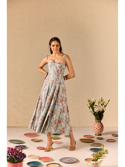 Old Marigold - Emily Blue Floral Midi Dress With Corset Jacket (Set of 2)