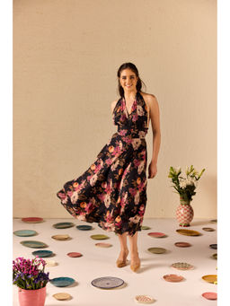 Old Marigold - Fable Black Floral Halter neck Midi Dress