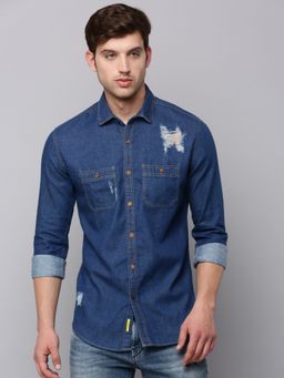 SHOWOFF - Mens Spread Collar Navy Blue Solid Shirt