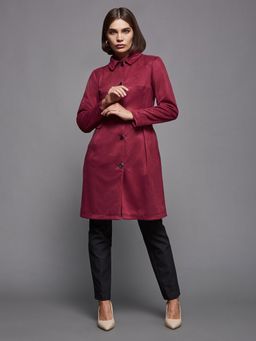 Miss Chase - Women's Dark Red Shirt Collar Full-Sleeve Solid Knee Length Jacket