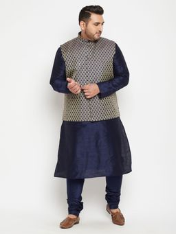 Vastramay - Men Navy Blue Silk Blend Jacket Kurta Churidar