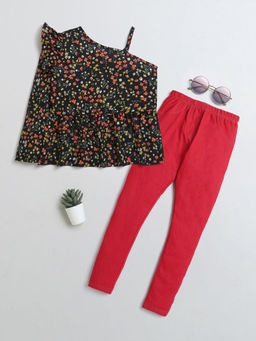 Hopscotch - Girls Black and Red Floral Print Top and Leggings (10-11 Years)