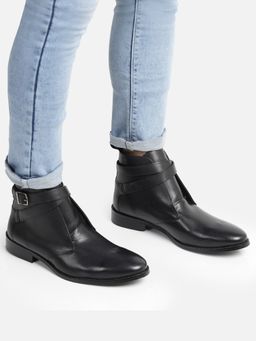HATS OFF ACCESSORIES - Men Mid Top Block-Heel Black Leather Regular Boots With Buckle