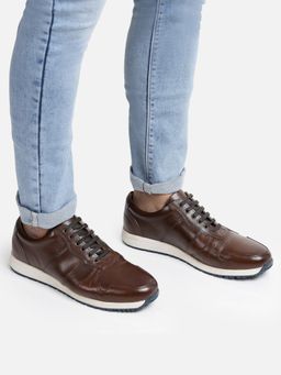 HATS OFF ACCESSORIES - Men Perforated Genuine Leather Dark Brown Lace Up Sneakers