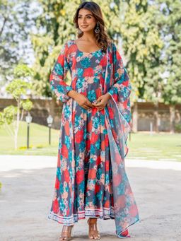 HOUSE OF JAMOTI - Tiara Grey Floral Anarkali Kurta Pants with Dupatta (Set of 3)