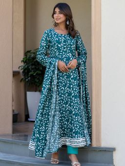 HOUSE OF JAMOTI - Oasis Green Leaf Anarkali Kurta Pants with Dupatta (Set of 3)