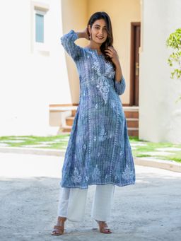 HOUSE OF JAMOTI - Blue Chikanakri Kurta with Schiffli Pants (Set of 2)