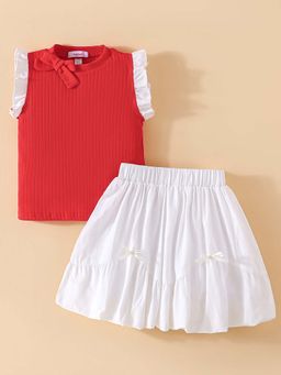 Hopscotch - 2-Pc Textured Bow Detail Tiered Skirt Set