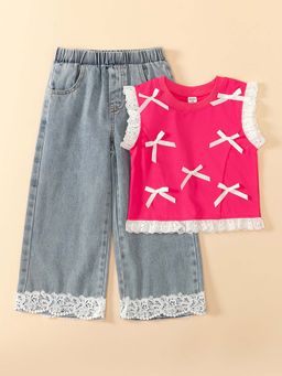 Hopscotch - 2-Pc Lace-Trimmed Bow Jeans Set