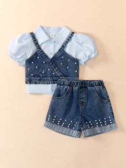 Hopscotch - 3-Pc Pearl-Studded Denim Shorts Set