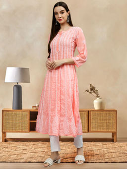 Seva Chikan - Hand Embroidered Peach Terivoil Cotton Lucknowi Chikankari Anarkali Kurta