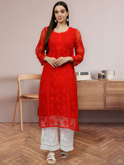 Seva Chikan - Hand Embroidered Red Georgette Lucknowi Chikankari Kurta With Inner (Set of 2)