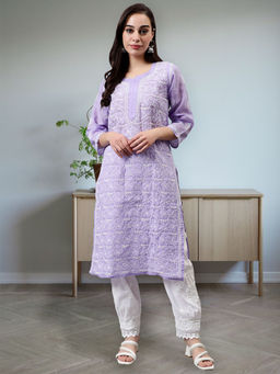 Seva Chikan - Hand Embroidered Lavender Terivoil Cotton Lucknowi Chikankari Kurta