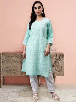 Seva Chikan - Hand Embroidered Turquoise Terivoil Cotton Lucknowi Chikankari Kurta