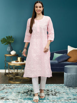 Seva Chikan - Hand Embroidered Pink Terivoil Cotton Lucknowi Chikankari Kurta