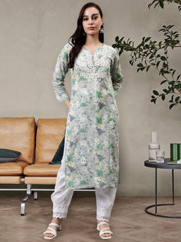 Seva Chikan - Hand Embroidered Grey Cotton Lucknowi Chikankari Kurta