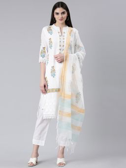 NEERU'S - White Regular Printed Kurta and Trouser with Dupatta (Set of 3)