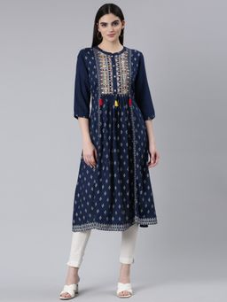 NEERU'S - Navy Blue Pleated Printed Kurta