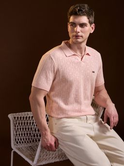 The Bear House - Pink Self Design Slim Fit Polo T-Shirt