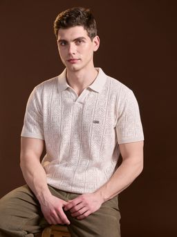 The Bear House - Beige Self Design Slim Fit Polo T-Shirt