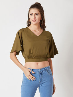 Miss Chase - Women Olive V-neck Flared Sleeves Solid Blouson Cropped Top