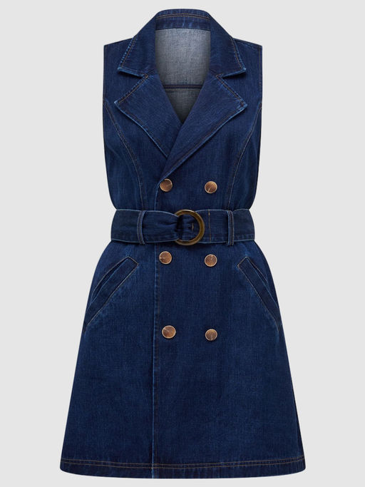 white christmas dresses Final Sale Dizzy Lizzie 621-Den Denim Tunic Dress with Ruffle Neck and Side Pockets Medium main image 1