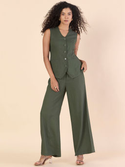 Powersutra - Olive V-Neck Linen Waistcoat with Trouser Co-ord (Set of 2)