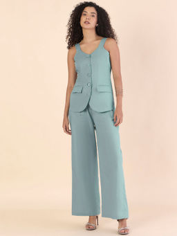 Powersutra - Blue Shoulder Straps Cotton Blend Waistcoat with Trouser Co-ord (Set of 2)