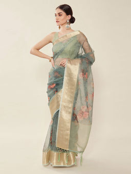Soch - Printed Silk Blend Saree with Unstitched Blouse