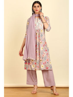 Soch - Women's Lavender Cotton Slub Floral Thread Work Kurta & Pant with Dupatta (Set of 3)