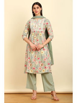 Soch - Women's Sap Green Cotton Floral Print Thread Work Kurta & Pant with Dupatta (Set of 3)