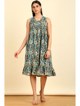 Soch - Women's Blue Cotton Floral Print Dress
