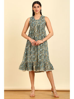 Soch - Women's Blue Cotton Floral Print Dress