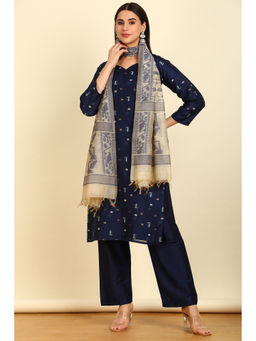 Soch - Women's Blue Chanderi Woven Design Unstitched Dress Material (Set of 3)