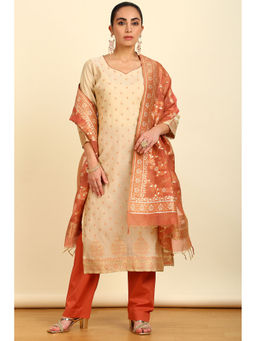 Soch - Women's Beige Chanderi Zari Woven Unstitched Dress Material (Set of 3)