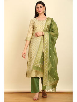 Soch - Women's Beige Chanderi Zari Woven Unstitched Dress Material (Set of 3)