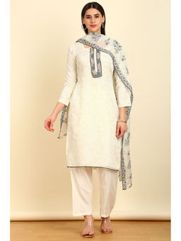 Soch - Women's Off White Organza Floral Print Unstitched Dress Material with Thread Work (Set of 3)