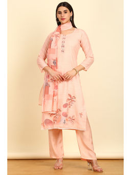 Soch - Women's Peach Linen Print Unstitched Dress Material with Mirror (Set of 3)