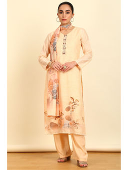 Soch - Women's Light Cream Linen Print Unstitched Dress Material with Mirror (Set of 3)