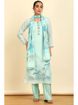 Soch - Women's Powder Blue Linen Print Unstitched Dress Material with Mirror (Set of 3)