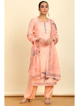 Soch - Women's Peach Linen Floral Print Unstitched Dress Material with Mirror (Set of 3)