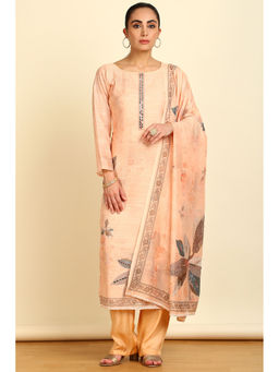 Soch - Women's Light Cream Linen Floral Print Unstitched Dress Material with Mirror (Set of 3)