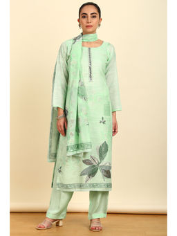 Soch - Women's Sap Green Linen Floral Print Unstitched Dress Material with Mirror (Set of 3)