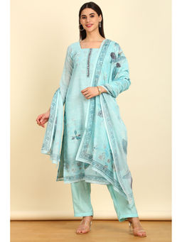 Soch - Women's Powder Blue Linen Floral Print Unstitched Dress Material with Mirror (Set of 3)