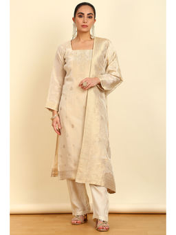 Soch - Women's Cream Rayon Zari Woven Unstitched Dress Material (Set of 3)