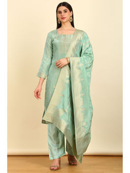 Soch - Women's Sap Green Rayon Zari Woven Unstitched Dress Material (Set of 3)