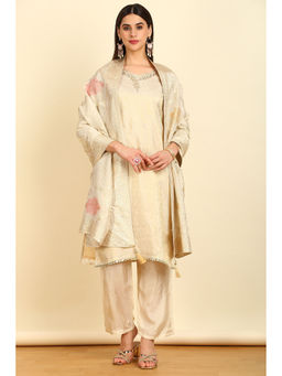 Soch - Women's Cream Rayon Zari Woven Unstitched Dress Material with Sequins Work (Set of 3)