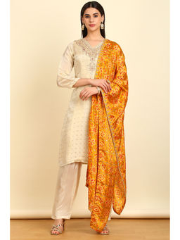 Soch - Women's Cream Rayon Zari Woven Unstitched Dress Material with Sequins Work (Set of 3)