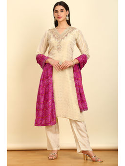 Soch - Women's Cream Rayon Zari Woven Unstitched Dress Material with Sequins Work (Set of 3)